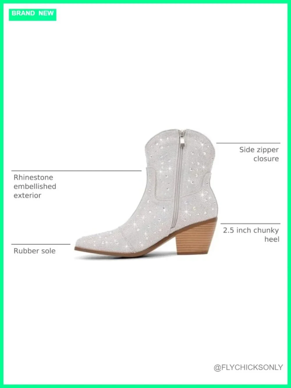 Cowgirl Ankle Boots Rhinestone Chunky Heel Cowboy Booties Side Zipper